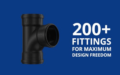A video thumbnail showing a Master3Plus swept tee fitting on the left and a caption '200+ fittings for maximum design freedom' on the right | Pipelife