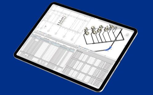 A visualization of a tablet showing a BIM model for a soil and waste system on the screen | Pipelife