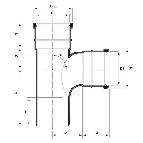 Measurement drawing branch 90gr 2 socket long