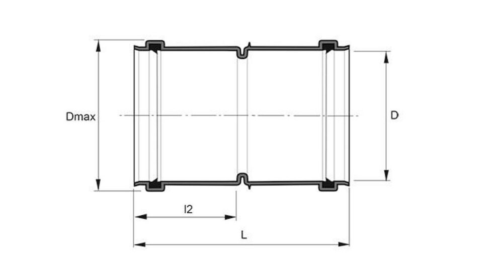 Measurement drawing Double socket PP with sealing for smooth pipe