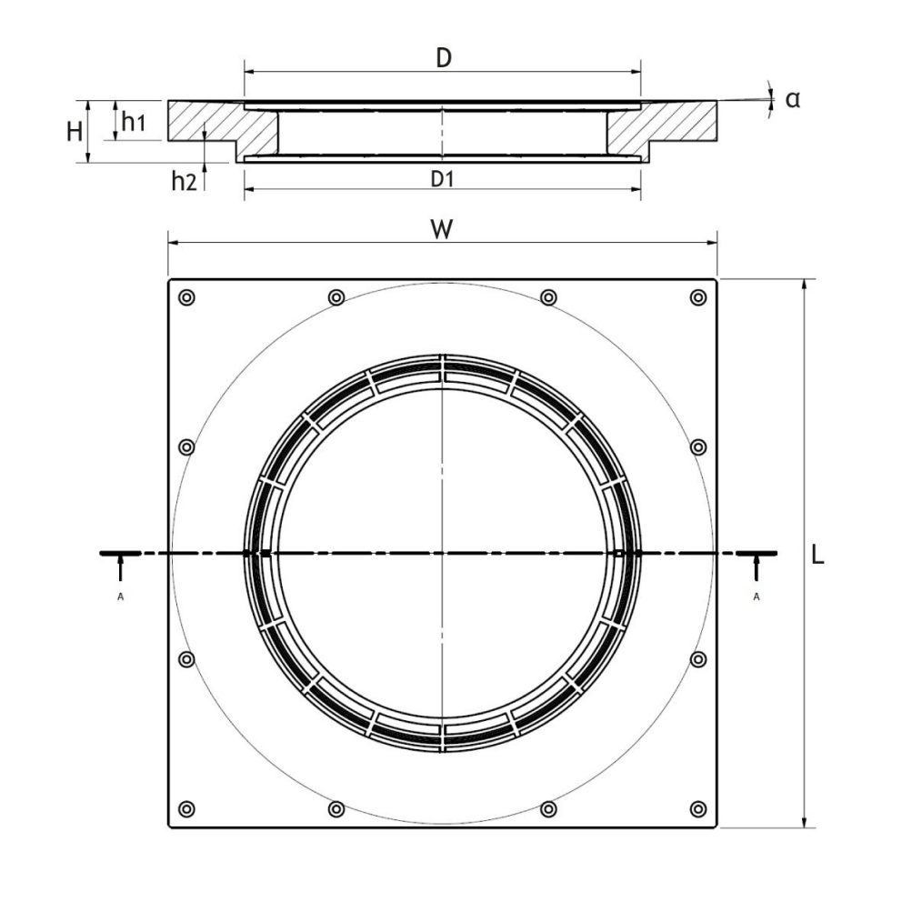 Measurement drawing Mounting plate for Pipelife floor gully
