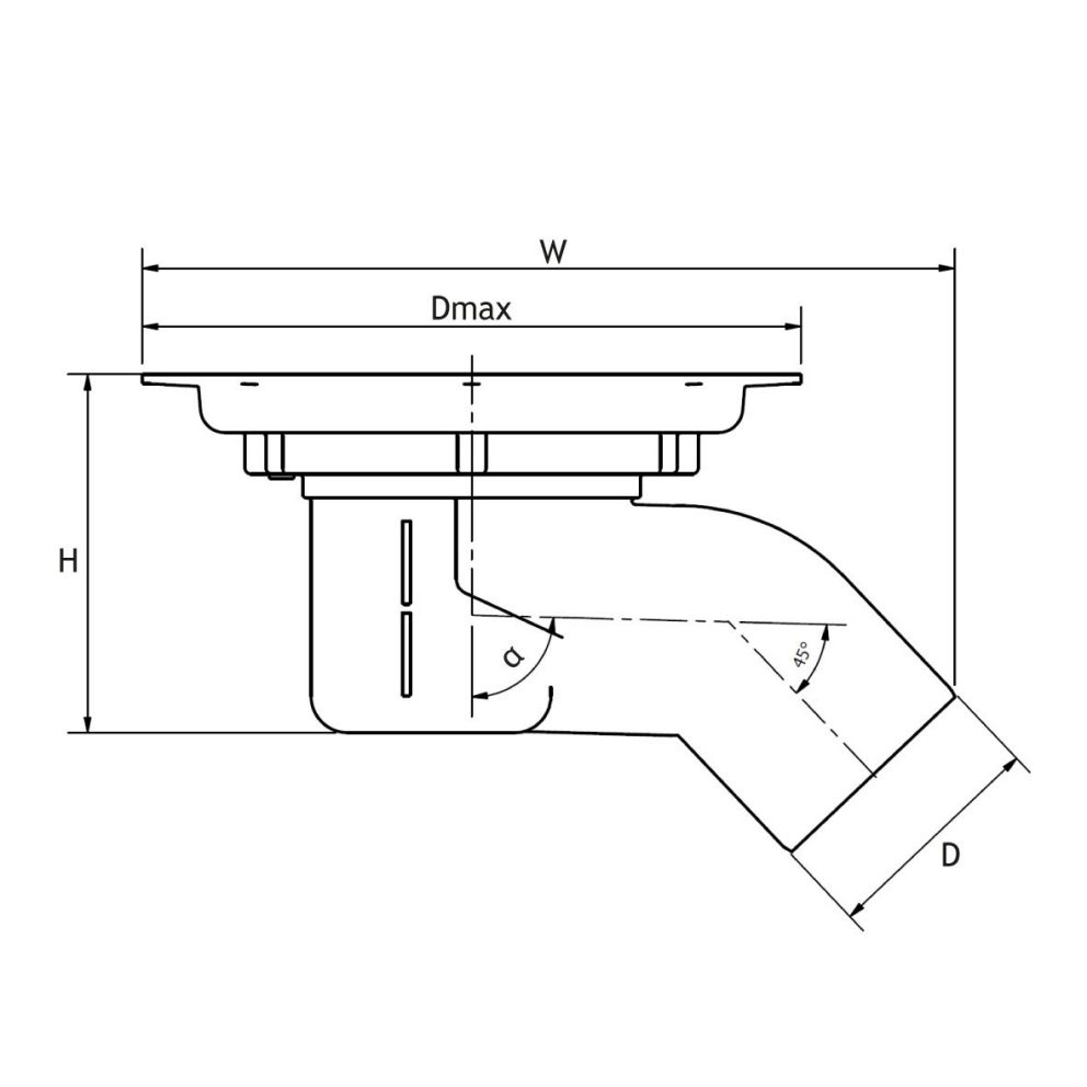 Measurement drawing Pipelife floor gully with side outlet 45'